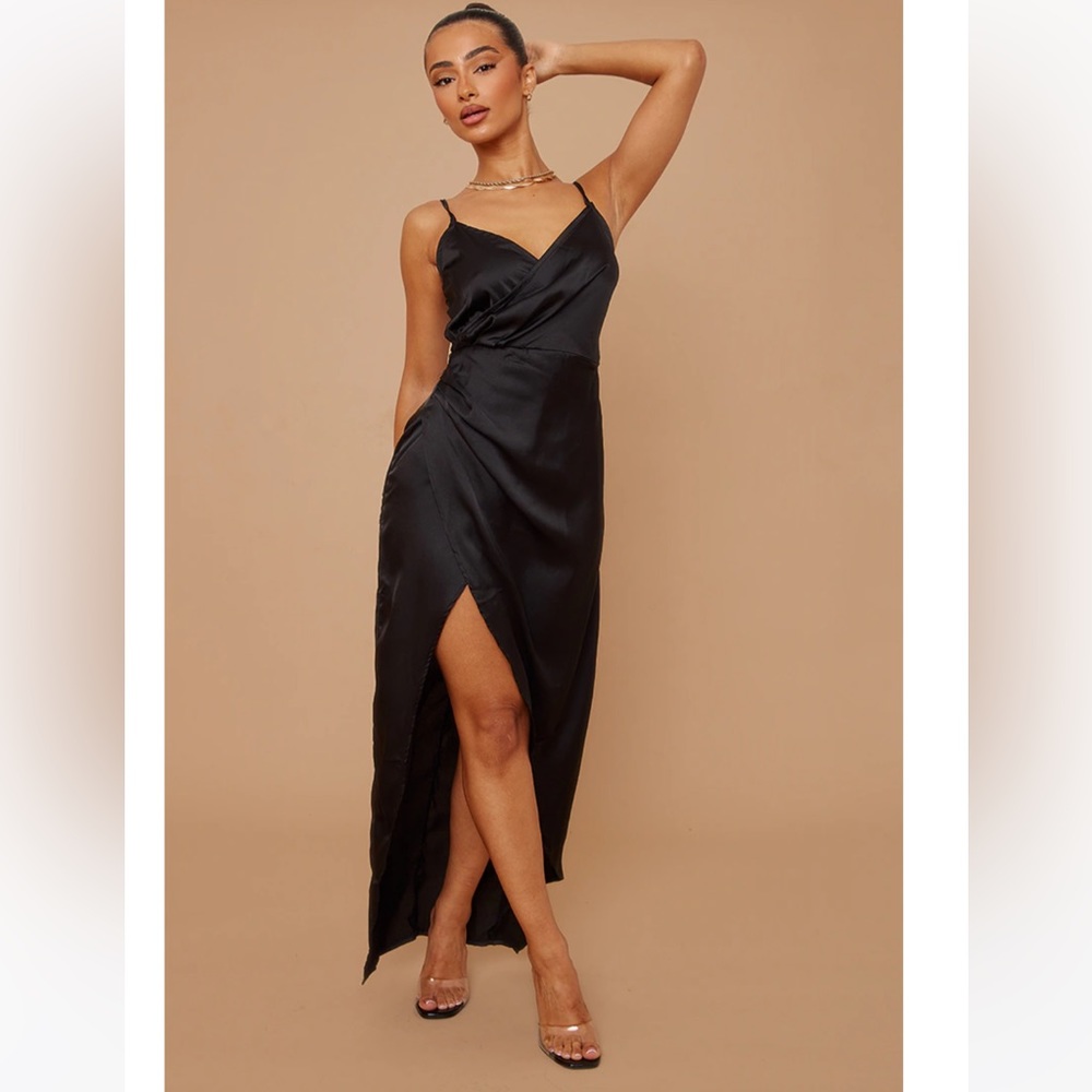 Petite black satin wrap detail maxi dress